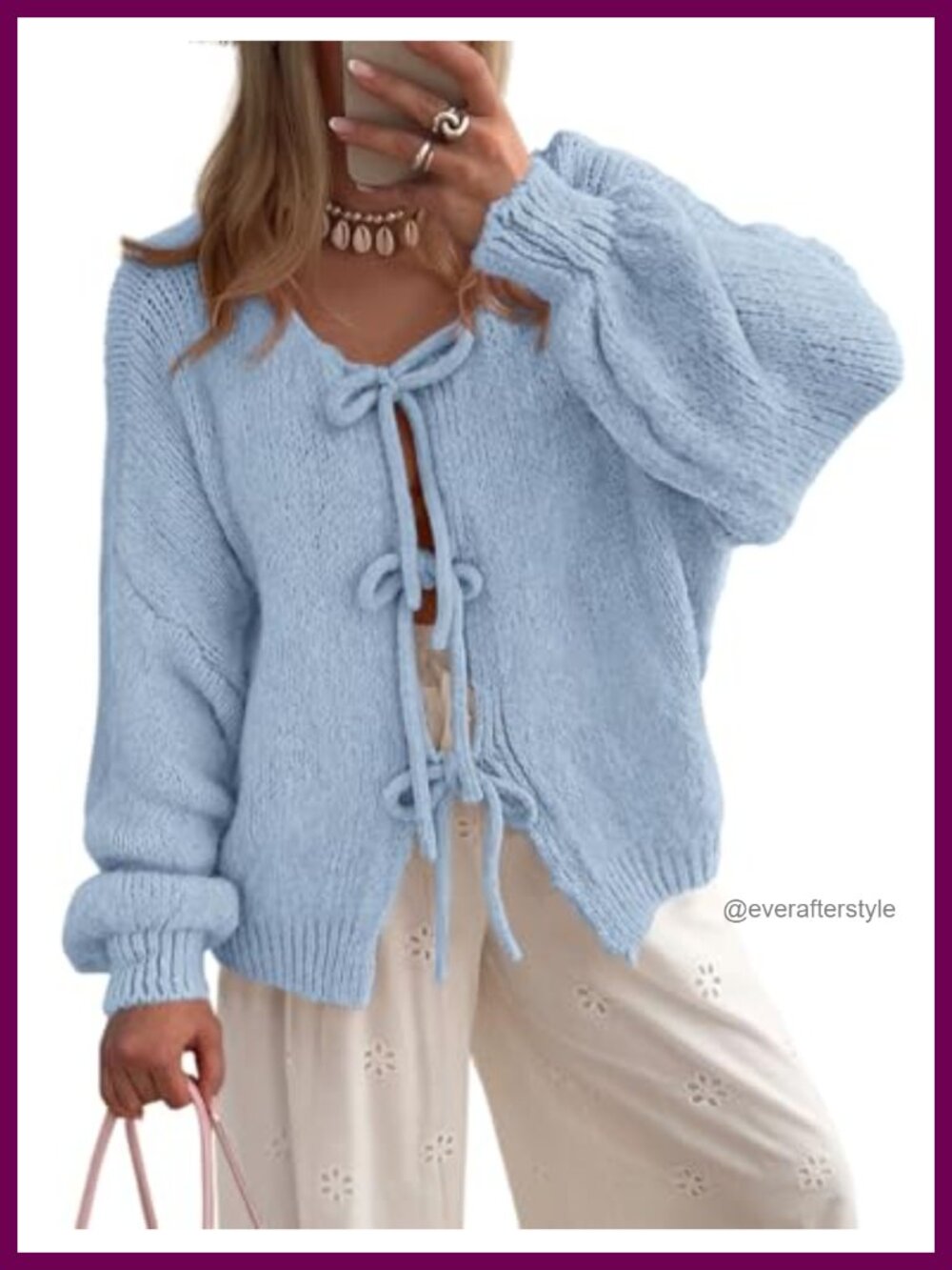 Tie Front Bow Cardigan Cable Knit Puff Sleeve Women's Sweater